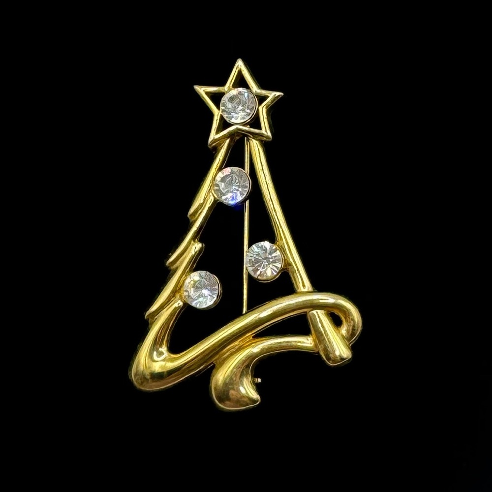 VINTAGE Gold-Tone Crystal Christmas Tree Brooch